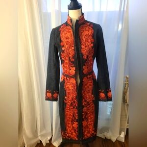 Embroidered Denim Coat with Orange Accents